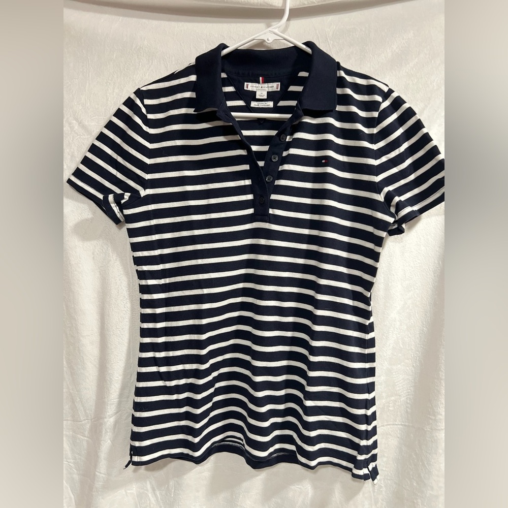 Tommy Hilfiger Blue and White Striped‎ Polo women’s medium
